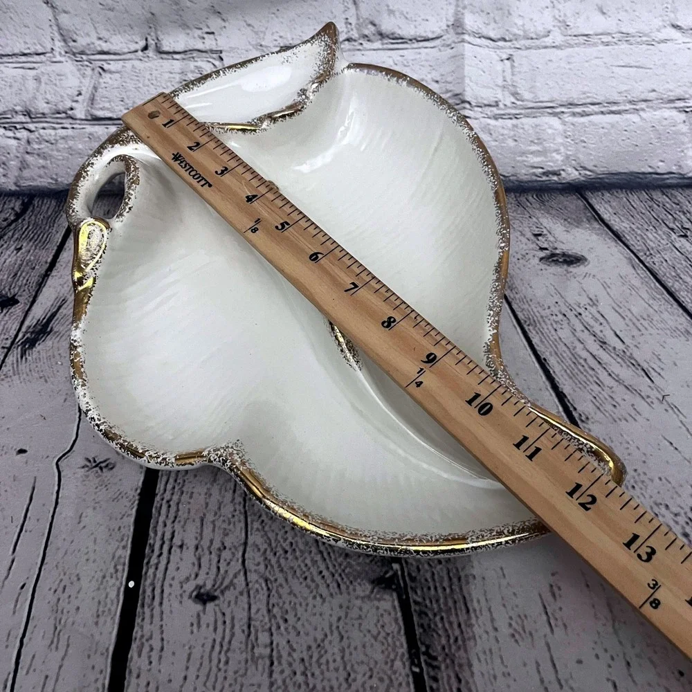 Vintage MCM Maurice of California Pottery Leaf Shaped Ashtray Gold Trim White
